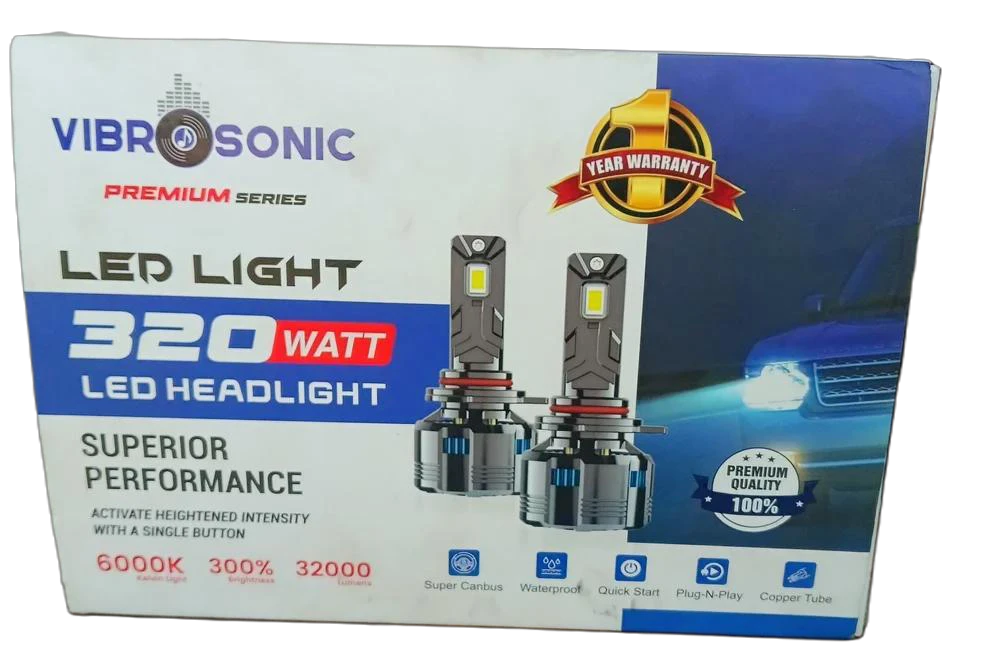 “Vibrosonic Premium Series 320W LED Headlight bulbs box — 6000K, waterproof, plug‑and‑play, 1‑year warranty”