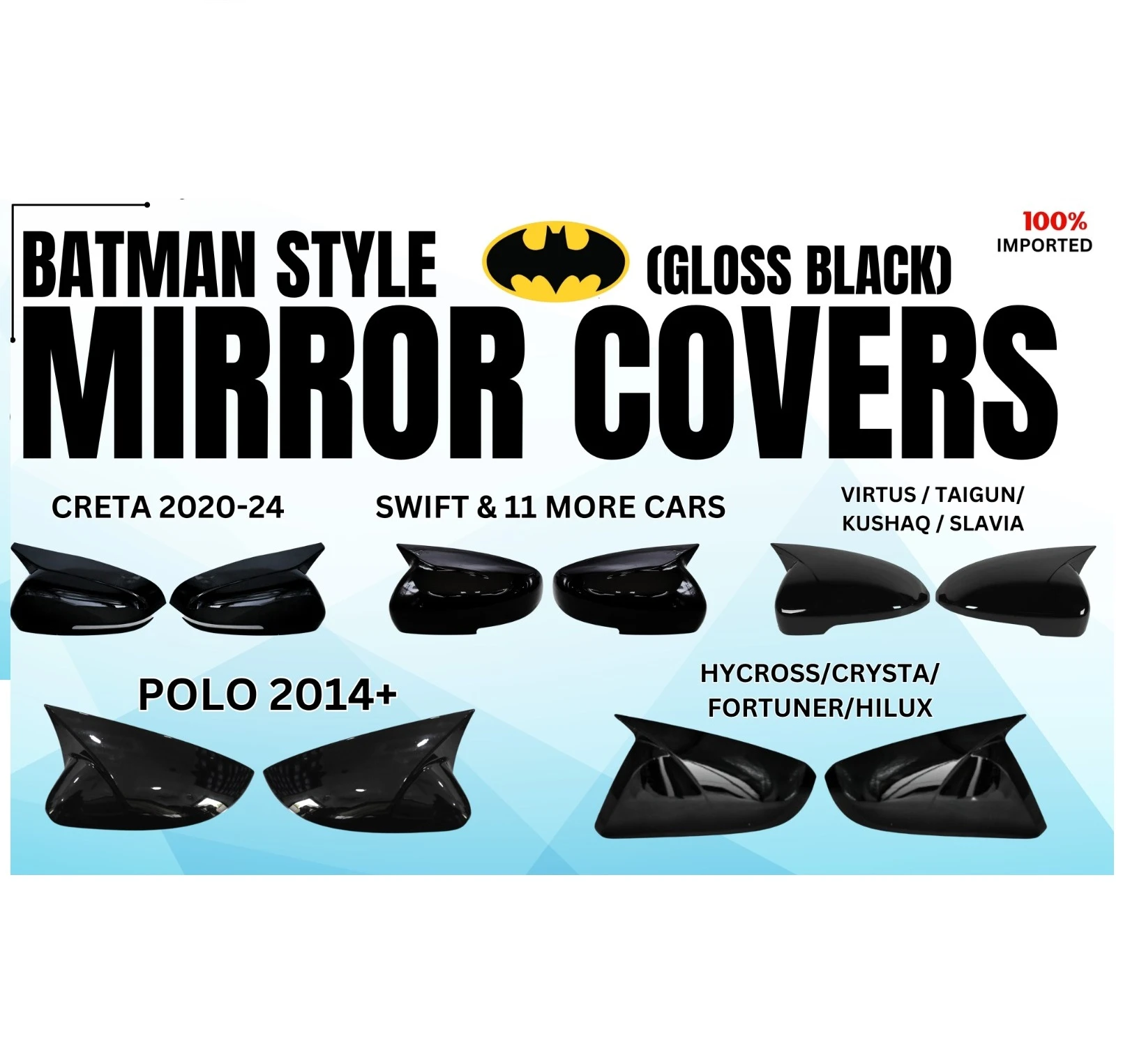 Batman‑Style Mirror Covers | Gloss Black | Vehicle‑Specific Pair | Clip‑On Replacement | Swift | Polo | Hycross | Creta | Virtus |Taigun | Kushaq | Slavia | Crysta | Fortuner | Hilux